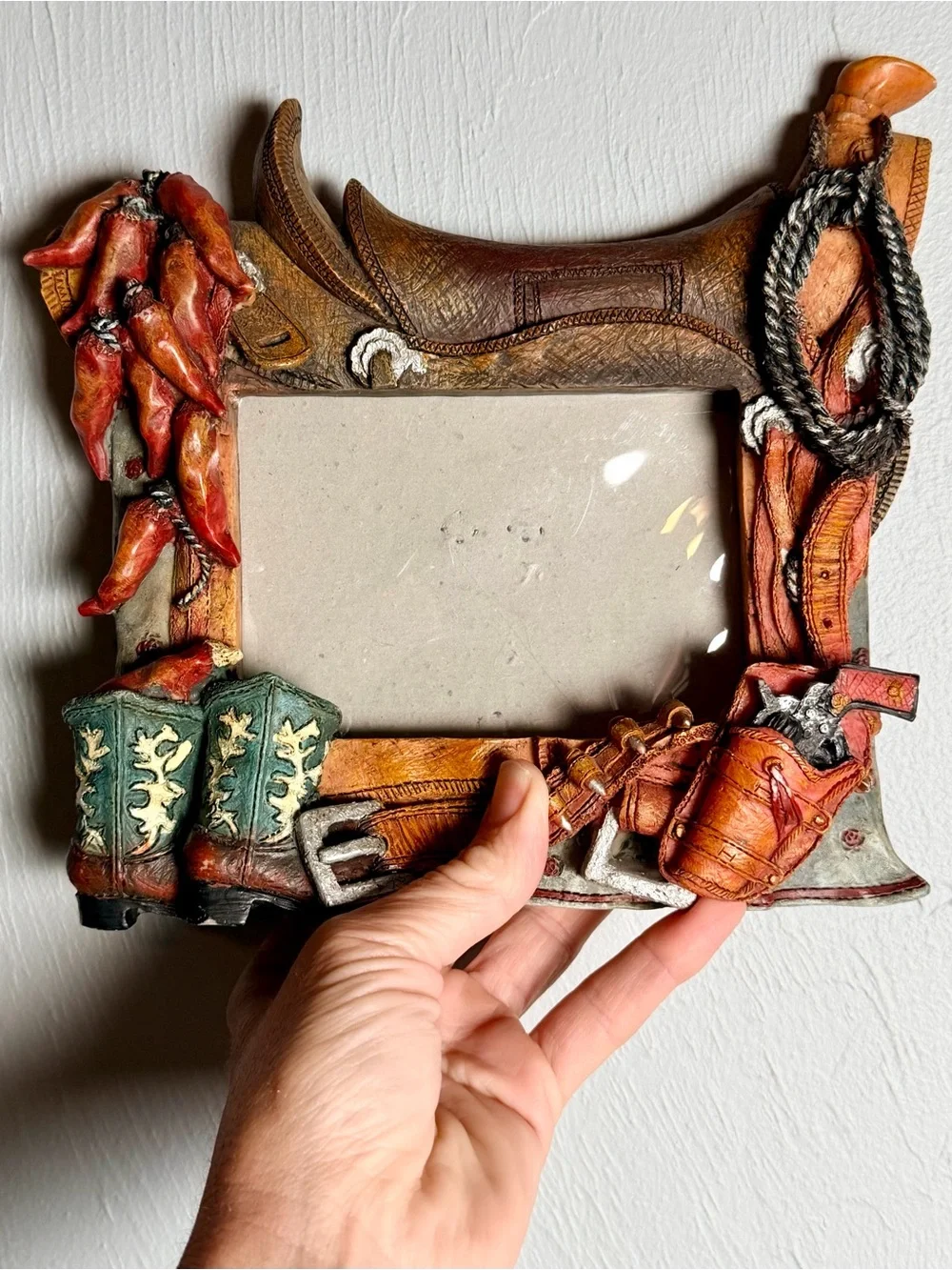 Vintag southwestern Cowboy Photo Frame with Saddle and Boots